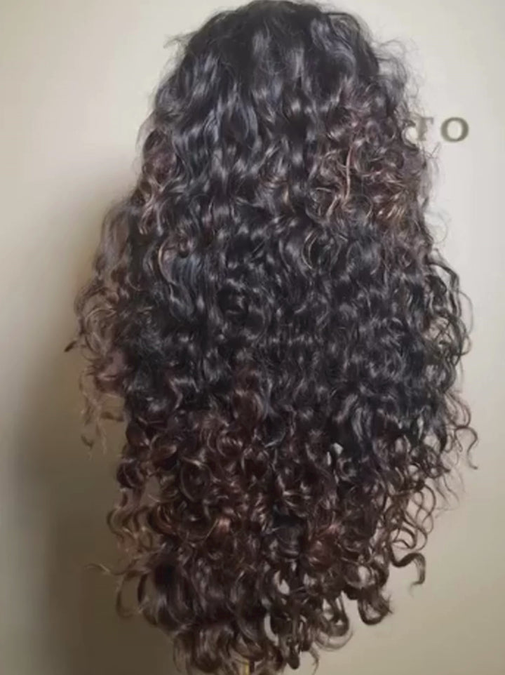 Dorsanee 300 Density Black With Brown Streaks Wand Deep Curls 13x4 Lace Front Human Hair Wigs