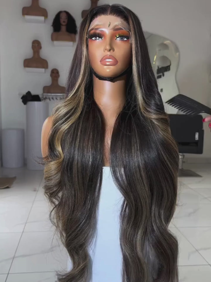 Dorsanee Platinum Honey Blonde Brown Highlights 13x4 Lace Front Human Hair Wigs