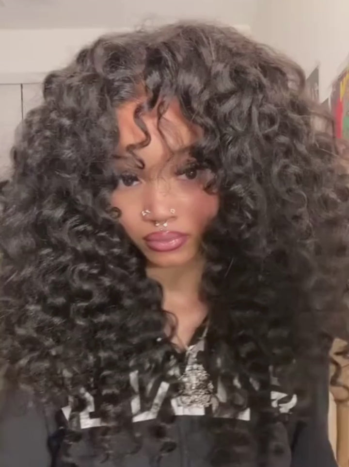 Dorsanee 300 Density Crimped Deep Wave Curls Curtainn Bangs Virgin Human Hair Wigs
