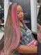 Dorsanee Brown With Pink Purple Streaks Bone Straight Virgin Human Hair Wigs