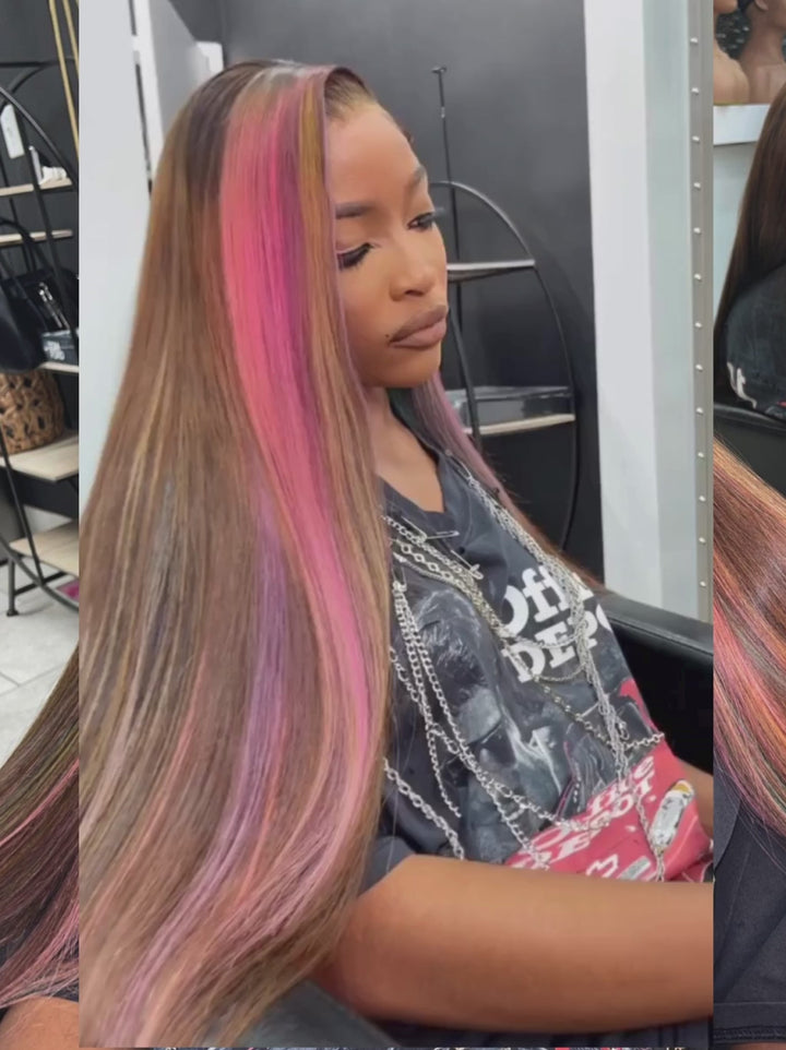 Dorsanee Brown With Pink Purple Streaks Bone Straight Virgin Human Hair Wigs