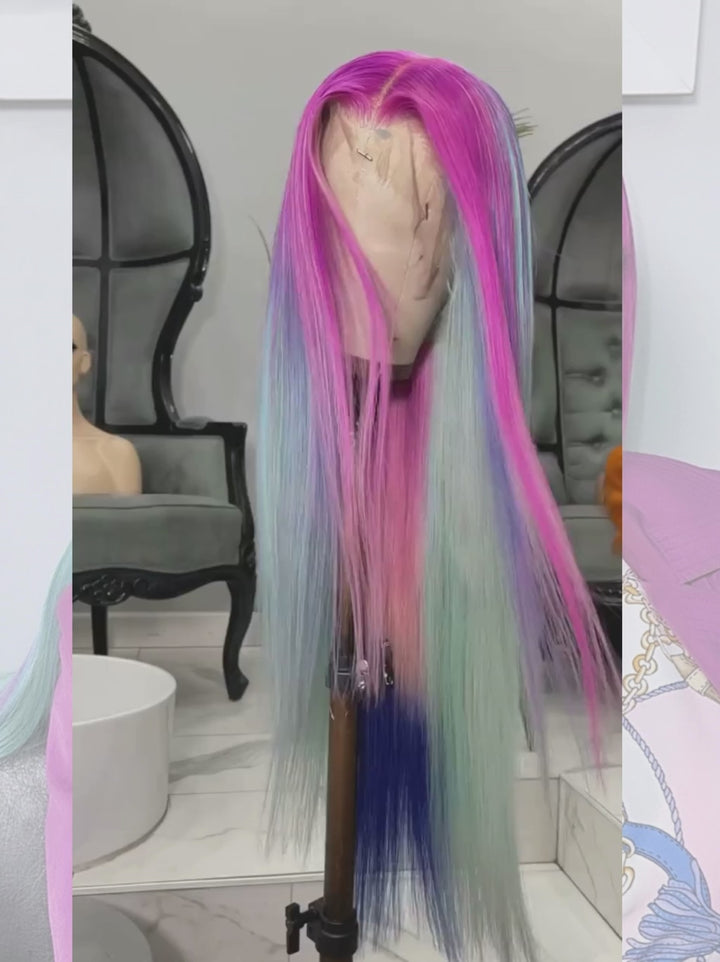 Dorsanee Pastel Green With Purple Blue Pink Streak Virgin Remy Human Hair Wigs