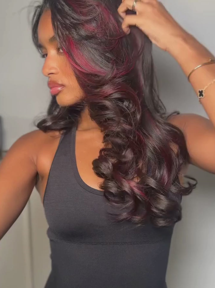 Dorsanee Black With Red Highlight Streaks Body Wave Lace Front Human Hair Wigs