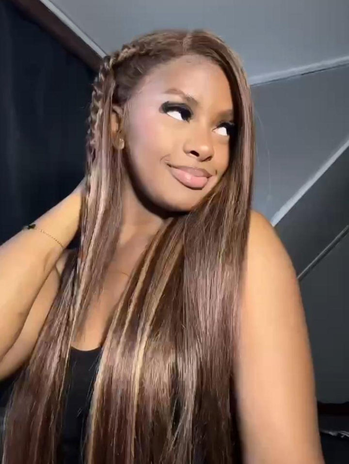 Dorsanee Hair HD Lace Frontal Honey Color With Blonde Highlight Straight Hair Body Wave Wigs