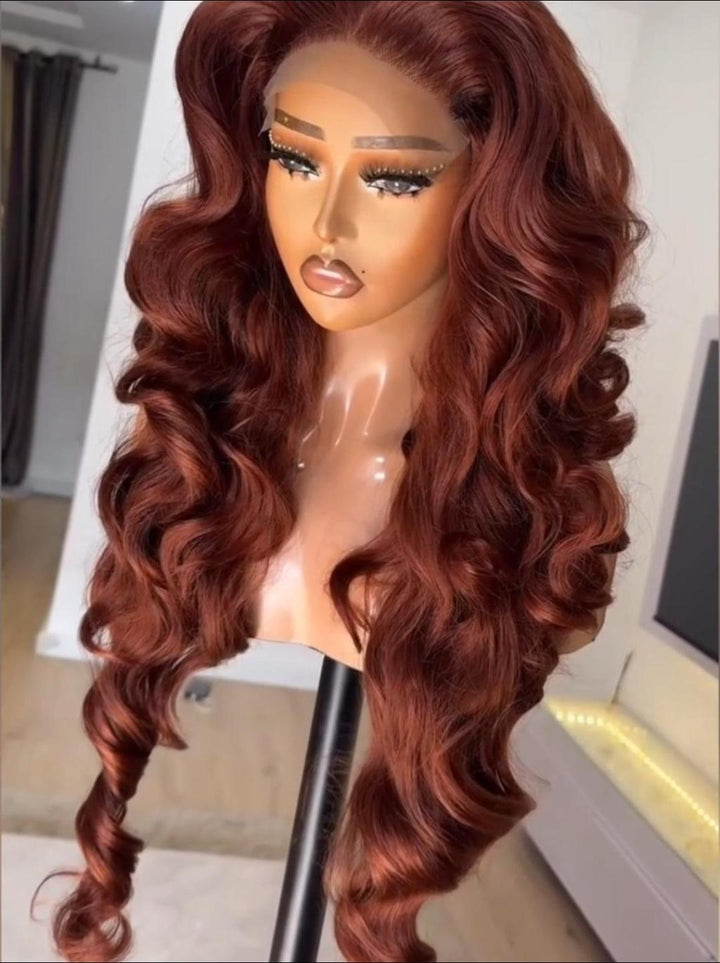 Easy on Wig Human Hair Reddish Brown Loose Wave Glueless Lace Front Color Wigs