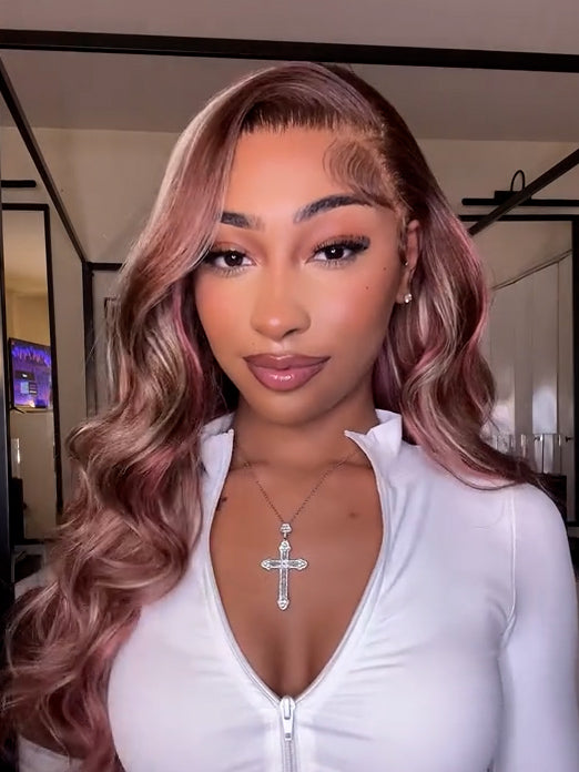 Pink and Blonde Highlights in Brown Hair Body Wave Blonde Skunk Stripe 13x4 Lace Wigs