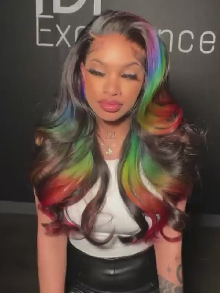Dorsanee Black With Purple Green Blue Red Multi Color Lace Front Human Hair Wig