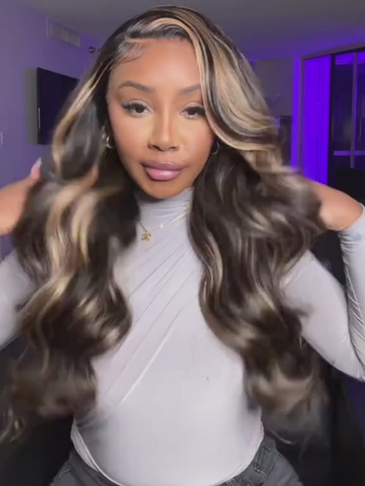 Dorsanee P1B/27 Honey Blonde Highlight 250 Density Body Wave 13x4 HD Lace Frontal Human Hair Wig