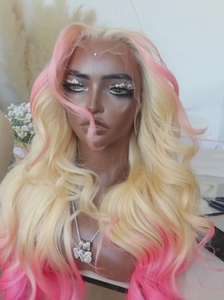 Dorsanee Ombre Pink Skunk Stripe Blonde 13x4 Lace Front Virgin Human Hair Wigs