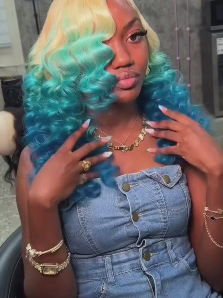 Dorsanee Ombre Blonde Blue Wand Curl Loose Body Wave Lace Front Human Hair Wigs