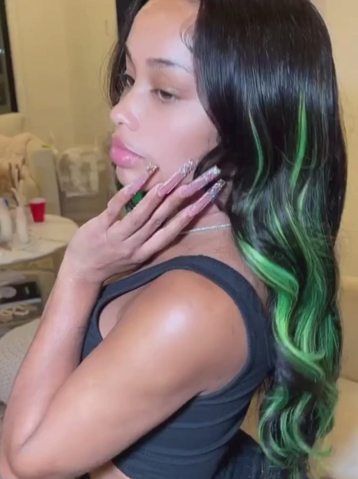 Dorsanee Black With Green Highlight Streaks 13x4 Lace Front Human Hair Wigs