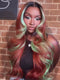 Dorsanee Copper Red Brown With Pastel Green Skunk Stripe Highlight Streaks 13x4 Lace Front Human Hair Wigs 200 Density