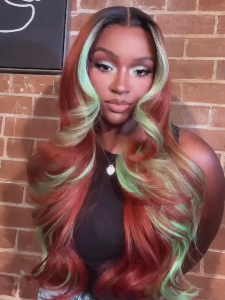 Dorsanee Copper Red Brown With Pastel Green Skunk Stripe Highlight Streaks 13x4 Lace Front Human Hair Wigs 200 Density
