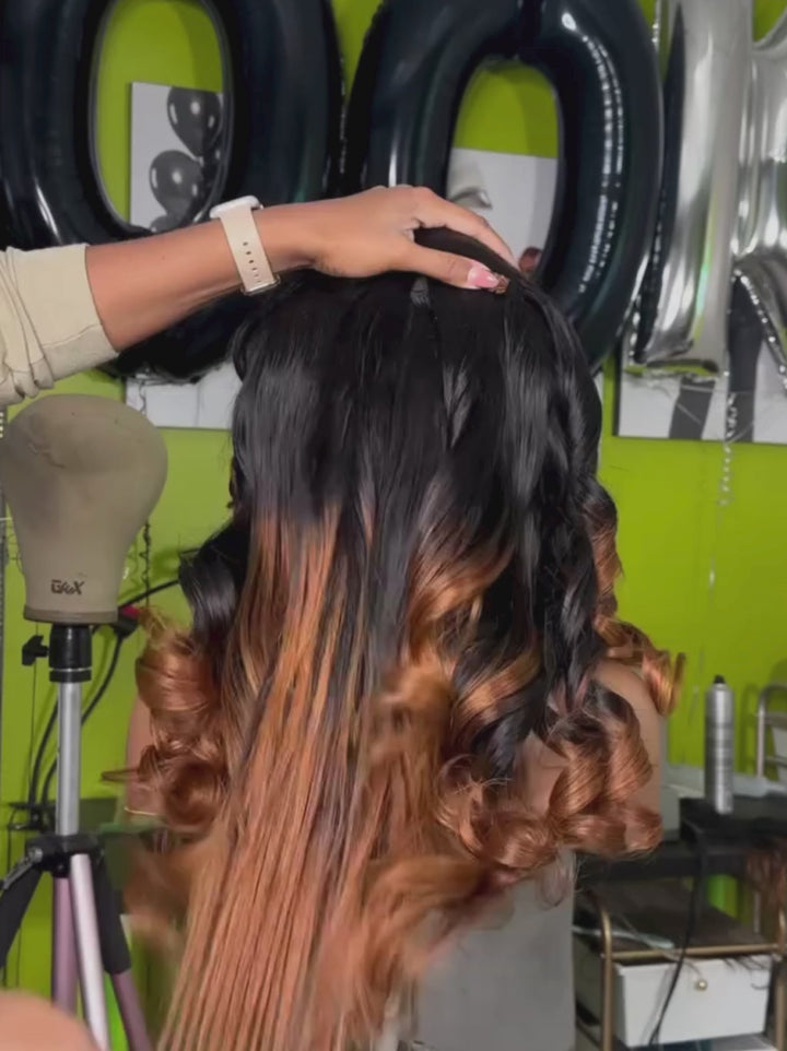 Dorsanee Ombre Black Brown Skunk Stripe Color 13x4 HD Lace Front Human Hair Wig