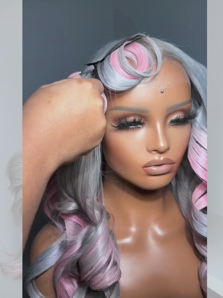 Dorsanee Ombre Gray Pink Straight Body Wave HD Lace Front Virgin Human Hair Wig