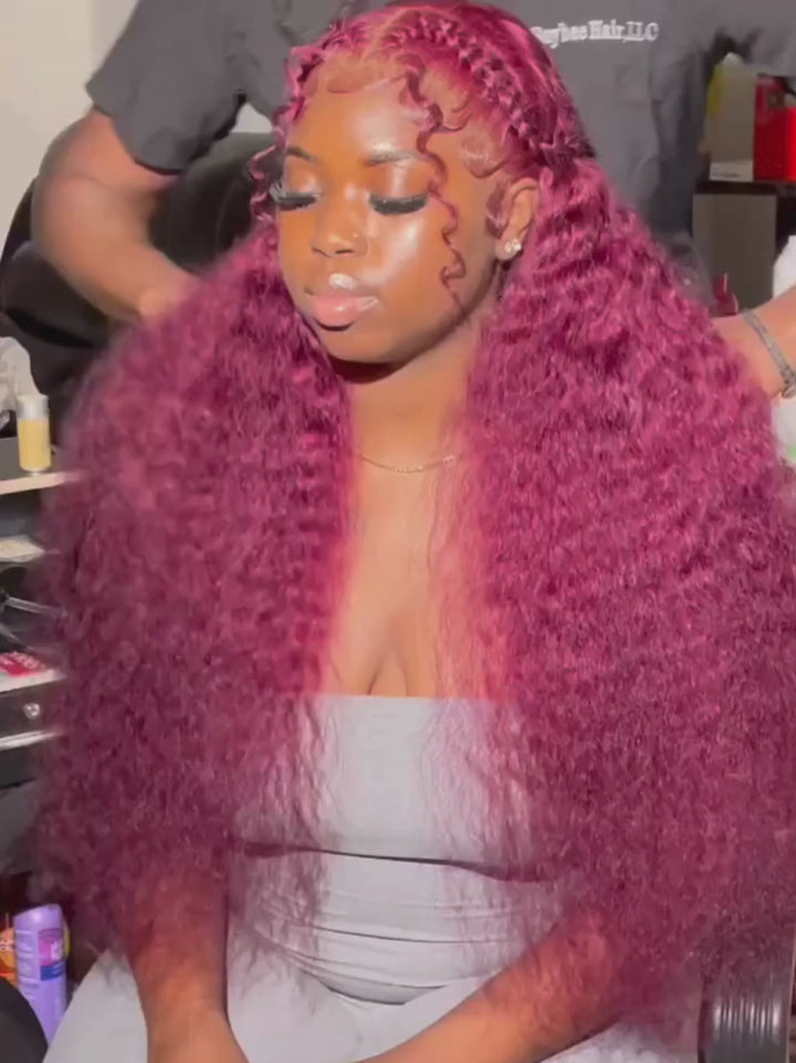 Dorsanee 250 300 Density Burgundy Red Deep Wave Curly Lace Front Human Hair Wig