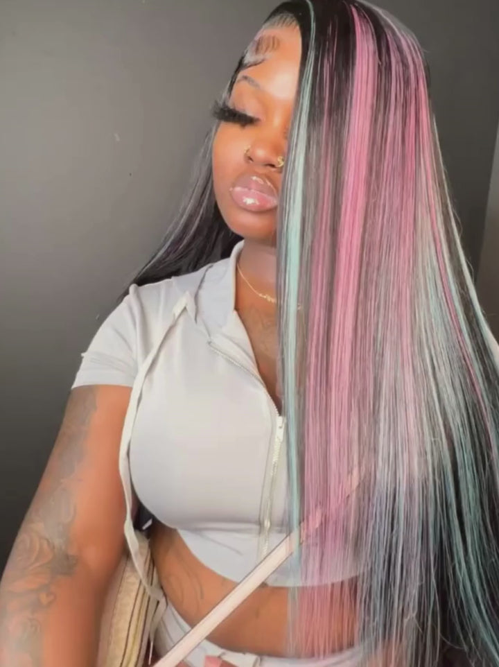 Dorsanee Black With Blue Hot Pink Bone Straight 13x4 Lace Front Human Hair Wigs