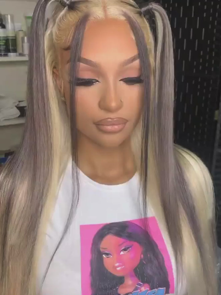 Dorsanee Peekaboo Gray Blonde Color Bone Straight HD Lace Front Human Hair Wigs