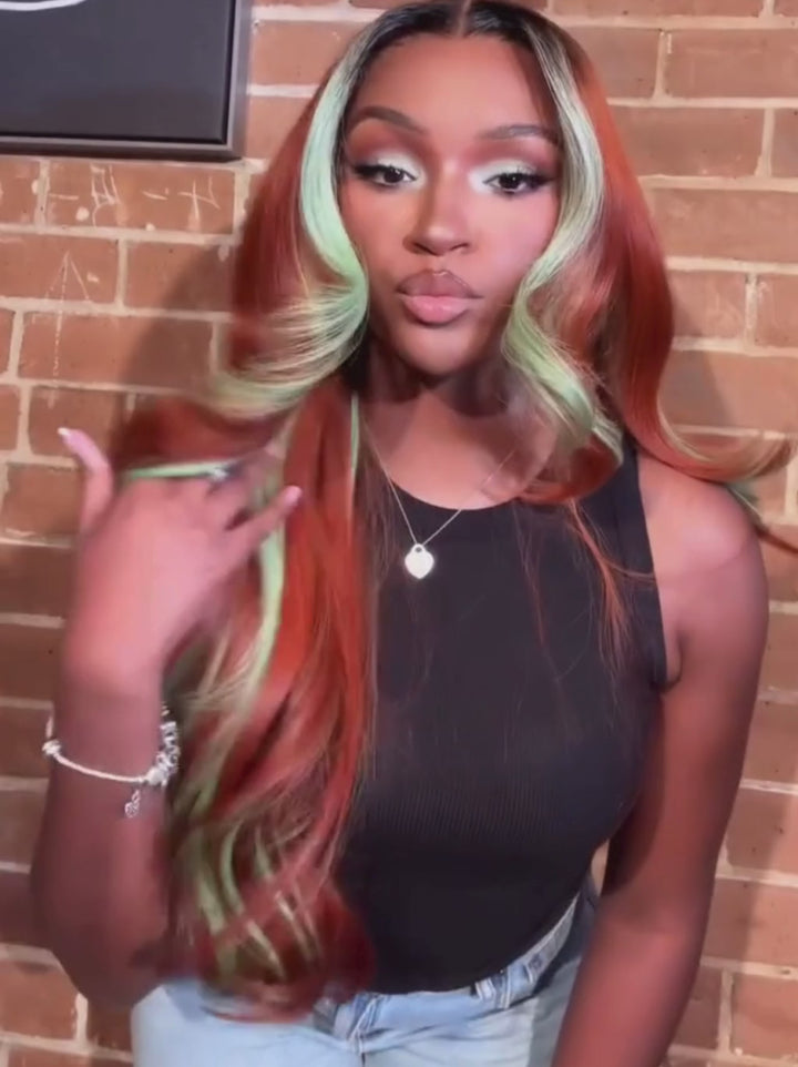 Dorsanee Copper Red Brown With Pastel Green Skunk Stripe Highlight Streaks 13x4 Lace Front Human Hair Wigs 200 Density