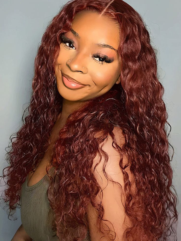 Reddish Brown Water Wave HD Transparent Lace Front Human Hair Wigs