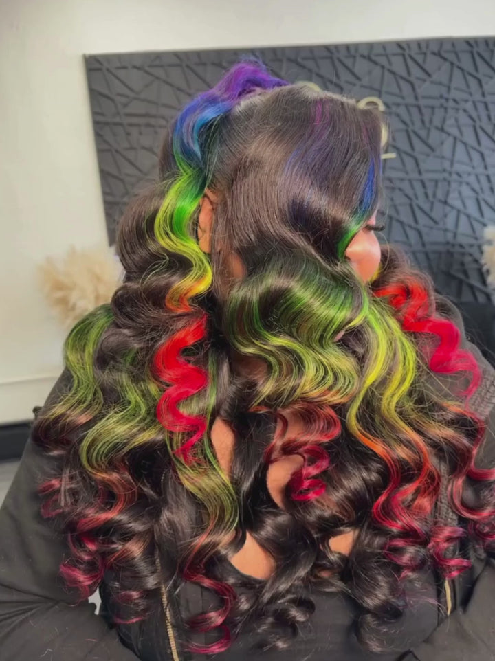 Dorsanee Black With Green Red Yellow Highlight Streaks 13x4 Lace Front Human Hair Wigs