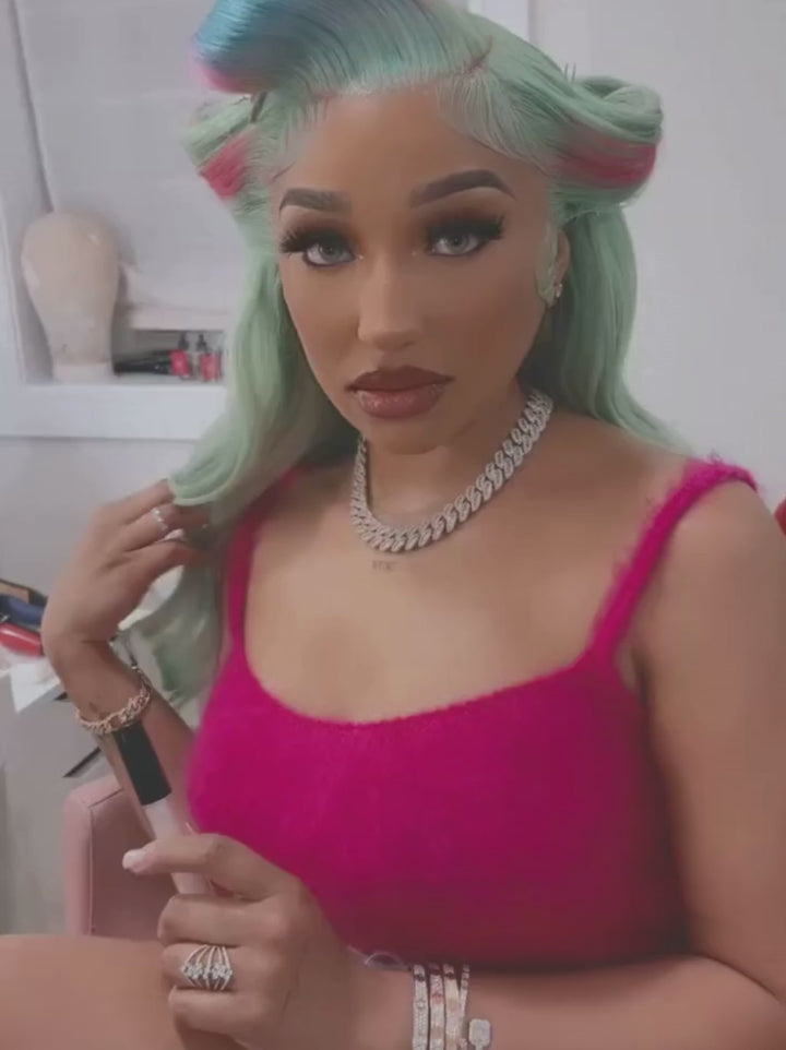 Dorsanee Pastel Green With Pink Blue Skunk Stripe HD Lace Front Human Hair Wigs