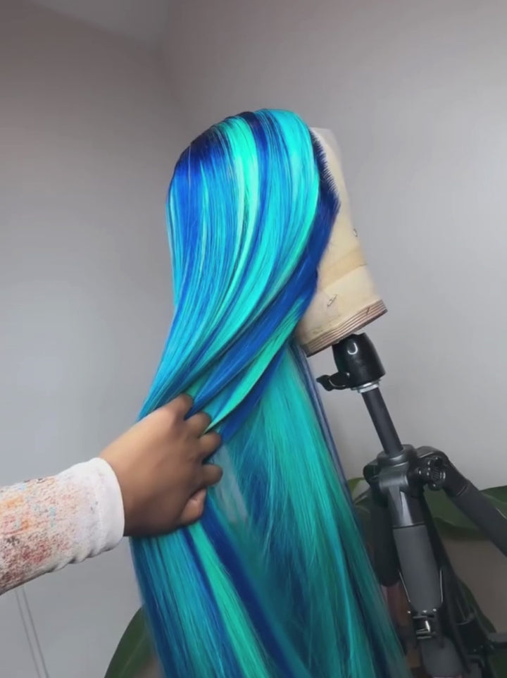 Dorsanee Balayage Dark Light Ocean Blue Money Piece 13x4 Lace Front Human Hair Wigs