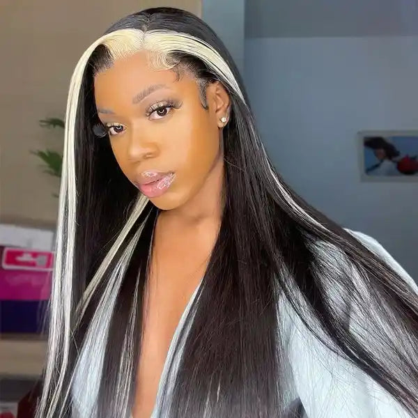 Dorsanee Hair Skunk Stripe 13x4 Straight Lace Front Wig Black with 613 Blonde Highlights Human Hair Wig