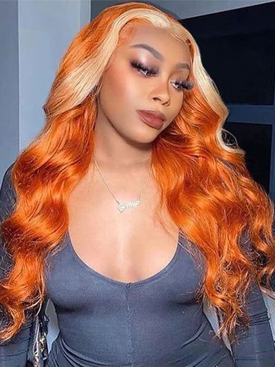 Dorsanee Ginger Orange With Blonde Skunk Stripe 13x4 Body Wave HD Transparent Lace Front Human Hair Wig
