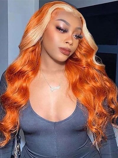 Dorsanee Ginger Orange Blonde Skunk Stripe 13x4 Body Wave HD Transparent Lace Front Human Hair Wig