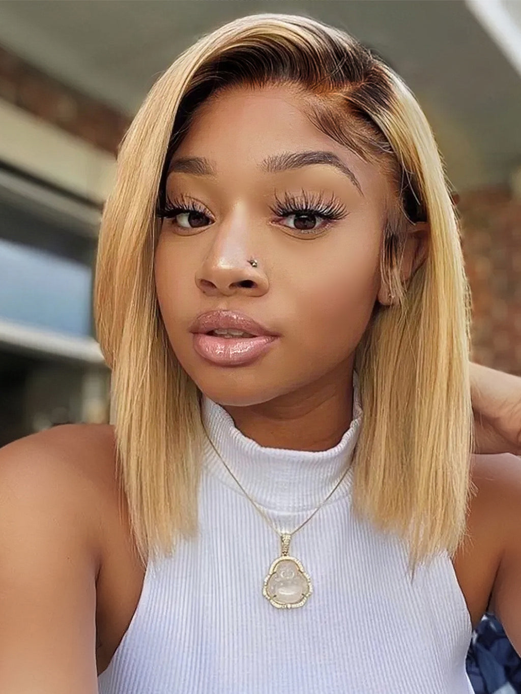 Dorsanee Ombre Black Roots Honey Blonde Short Bob Straight 4x4 Lace Closure Human Hair Wigs