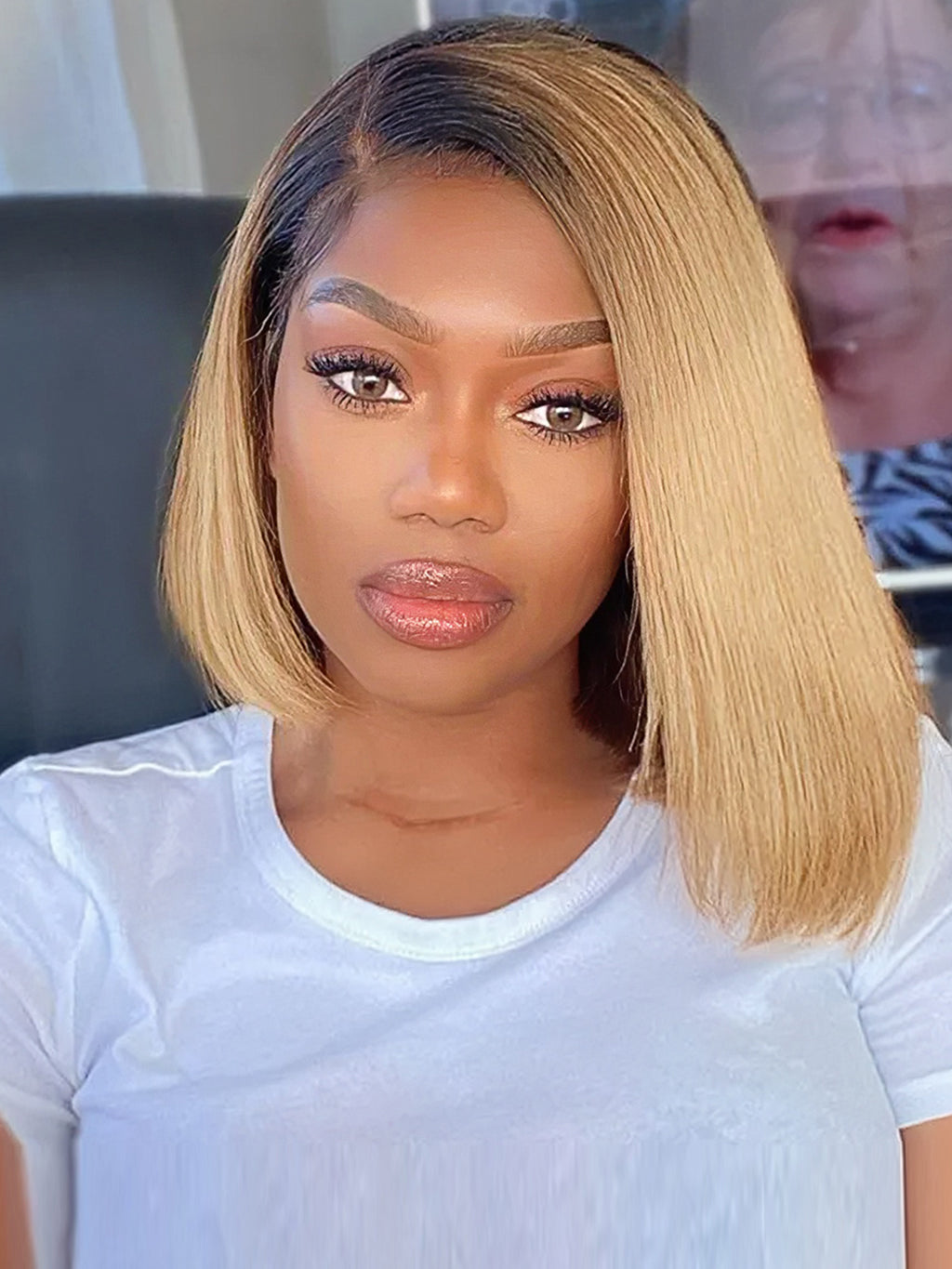 Dorsanee Ombre Black Roots Honey Blonde Short Bob Straight 4x4 Lace Closure Human Hair Wigs