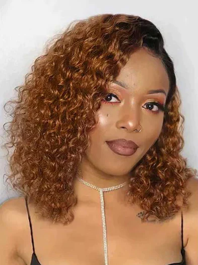 Dorsanee 13x4/4x4 1B/30# Ombre Colored Lace Front Closure Wigs Short Curly Human Hair Bob Frontal Wigs 180% Denisty