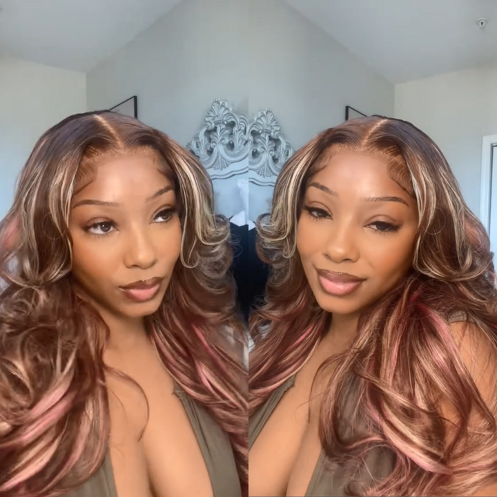 Dorsanee Hair Pink Highlights In Brown Hair Body Wave Wig With Blonde And Pink Highlights Human Hair Wig