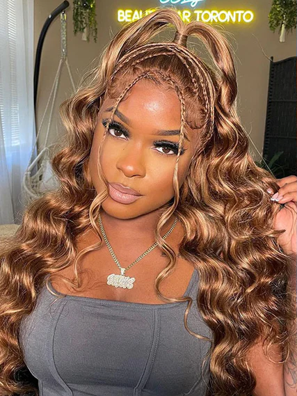 Dorsanee P4/27 Honey Blonde Brown Highlight Streaks 13×4/6×4 HD Lace Front Body Wave Human Hair Wigs