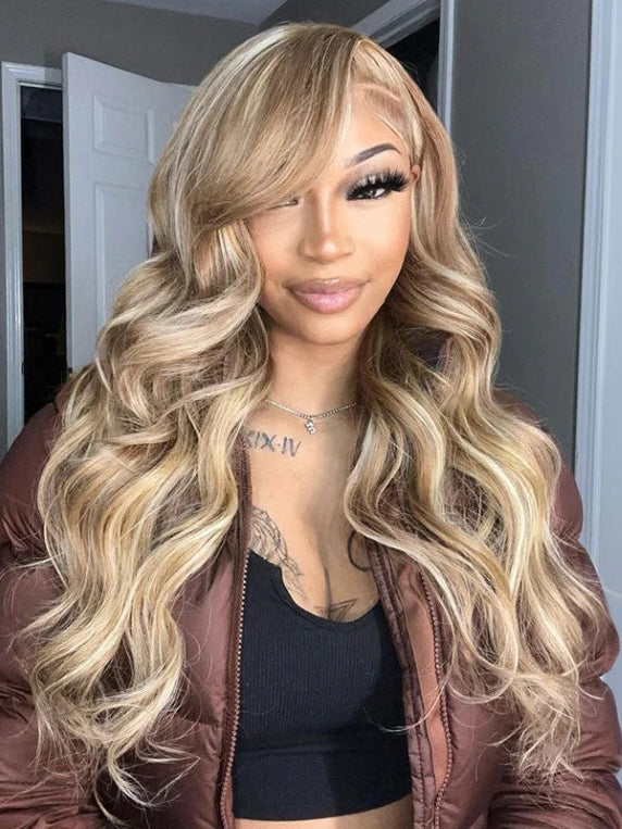 Dorsanee Ash Light Brown Highlight 13x4 Lace Front Mixed Brown&Blonde Color Straight/Body Wave Human Hair Wig