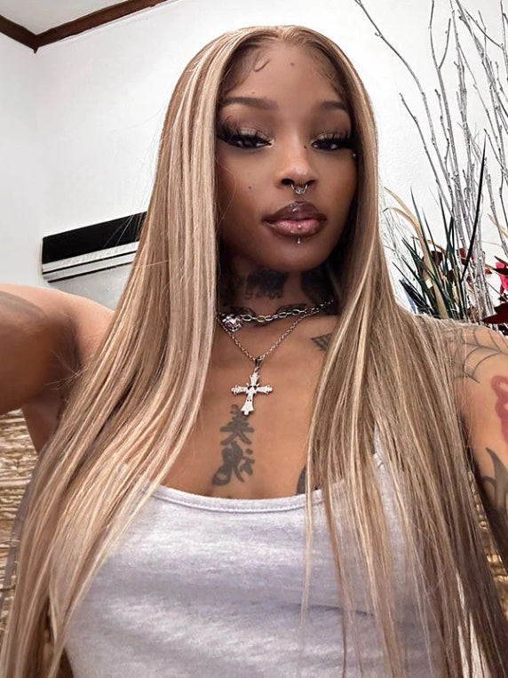 Dorsanee Ash Light Brown Highlight 13x4 Lace Front Mixed Brown&Blonde Color Straight/Body Wave Human Hair Wig