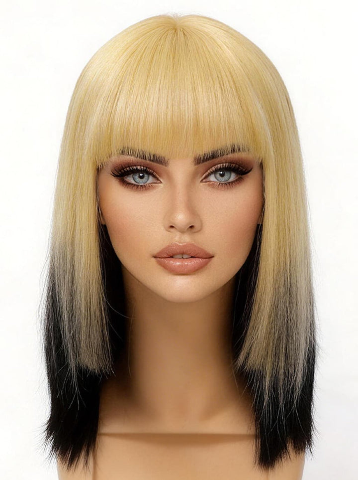 Dorsanee 12 inch Short Ombre Blonde Black Layered Face-Framing Pieces Hime Cut Blunt Bob Wig with Bangs