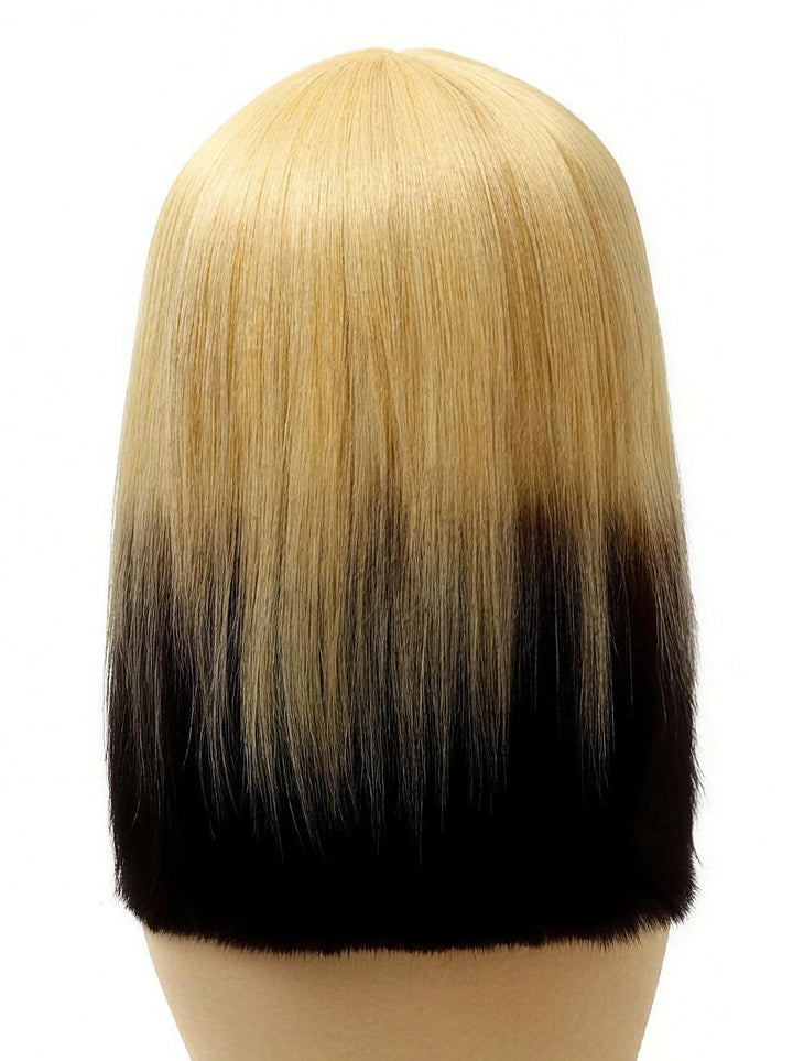 Dorsanee 12 inch Short Ombre Blonde Black Layered Face-Framing Pieces Hime Cut Blunt Bob Wig with Bangs