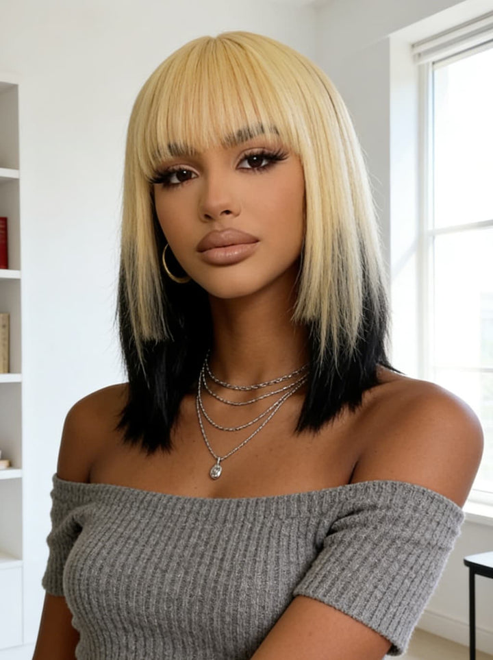 Dorsanee 12 inch Short Ombre Blonde Black Layered Face-Framing Pieces Hime Cut Blunt Bob Wig with Bangs
