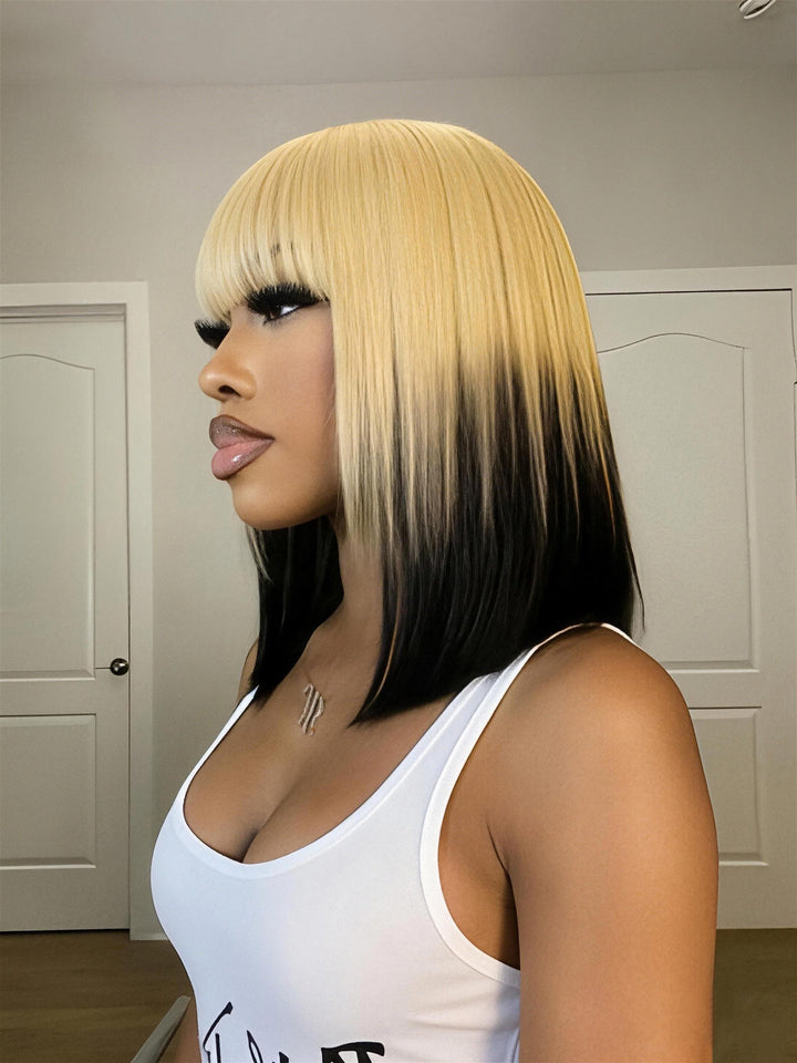 Dorsanee 12 inch Short Ombre Blonde Black Layered Face-Framing Pieces Hime Cut Blunt Bob Wig with Bangs
