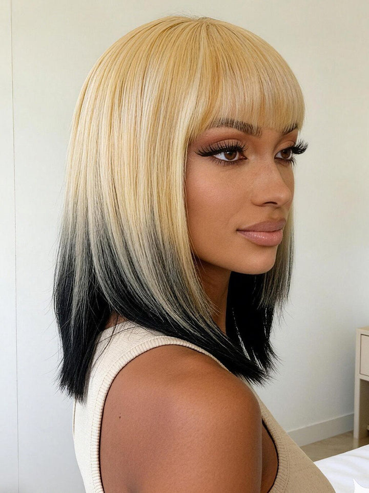 Dorsanee 12 inch Short Ombre Blonde Black Layered Face-Framing Pieces Hime Cut Blunt Bob Wig with Bangs