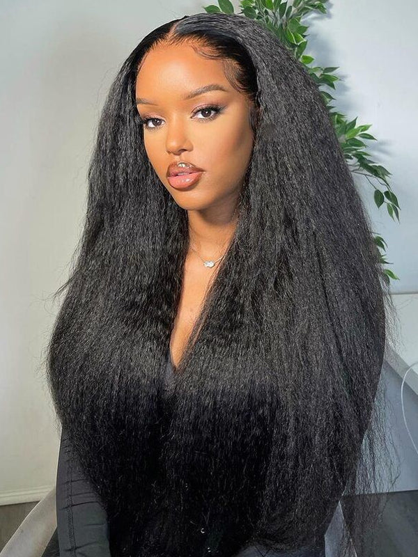 Kinky Straight Hair Front Glueless Wigs Pre Plucked Natural Hairline Lace Closure Wig