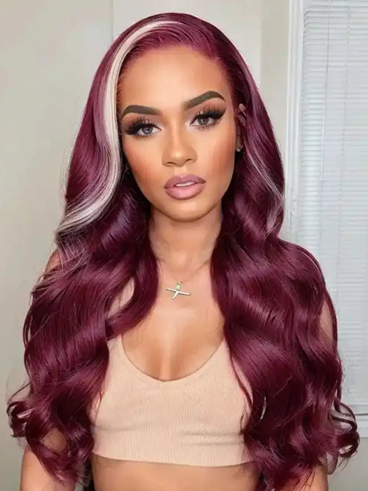 13x4_Lace_Frontal_Skunk_Stripe_Wig_61399J_Burgundy_Color_Highlight_Body_Wave_Human_Hair_Wig