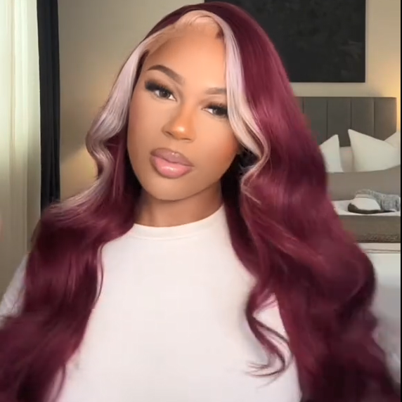 Dorsanee Hair 13x4 Lace Frontal Skunk Stripe Wig #613/99J Burgundy Color Highlight Body Wave Human Hair Wig