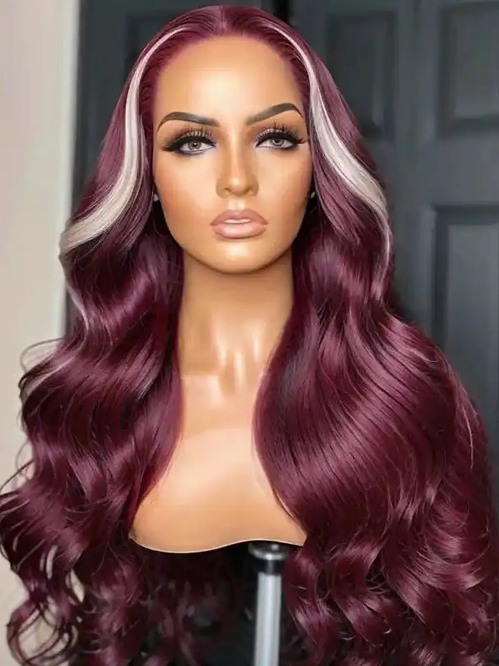 13x4_Lace_Frontal_Skunk_Stripe_Wig_613_99J_Burgundy_Color_Highlight_Body_Wave_Human_Hair_Wigs