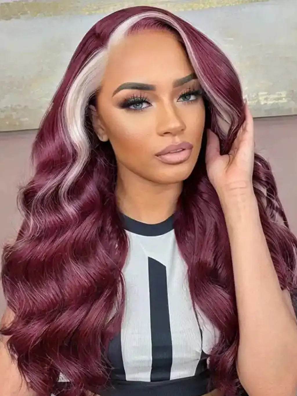 13x4_Lace_Frontal_Skunk_Stripe_Wigs_613_99J_Burgundy_Color_Highlight_Body_Wave_Human_Hair_Wigs