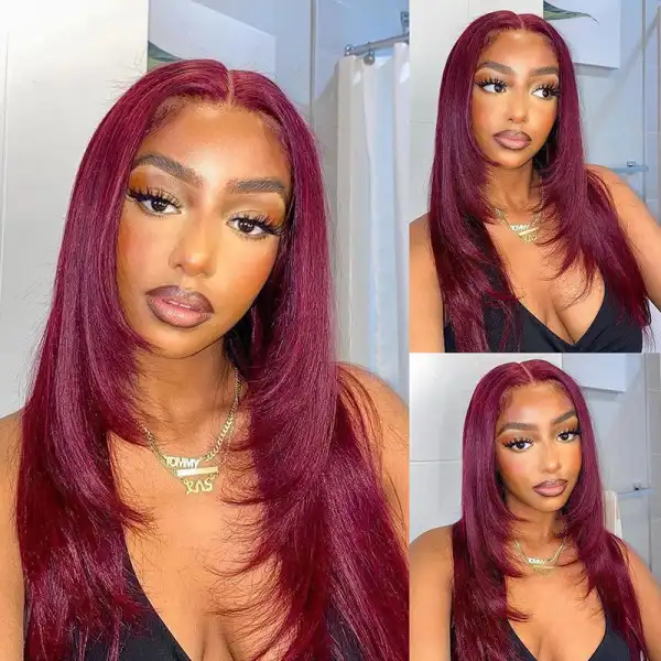 Dorsanee Hair 99J Burgundy Color Layered Straight Wig 13x4 Lace Front Human Hair Wigs