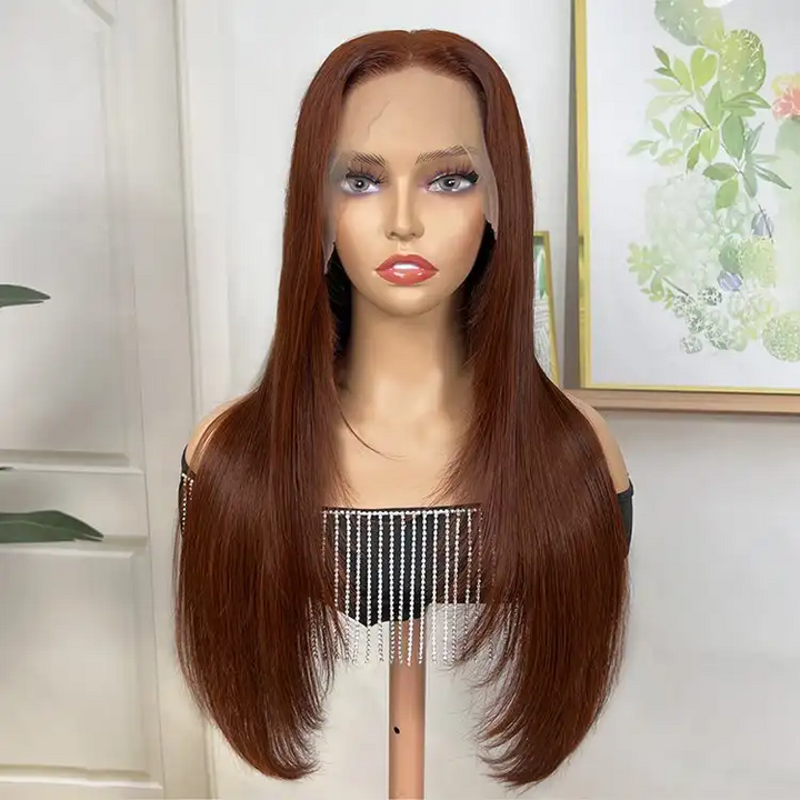Dorsanee Hair 13x4 Lace Front Layered Haircut Straight Hair Reddish Brown Human Hair Wig