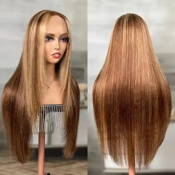 Dorsanee Hair Layered Highlight Wigs Honey Blonde Balayage Highlights Straight Hair Wig 13x4 Lace Front Human Hair Wig